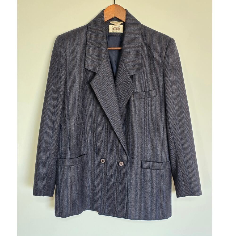 Vintage CPI 100% Wool Blue Gray Herringbone Blazer Size 10